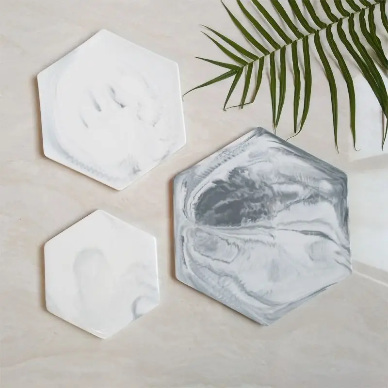 Porcelain Hexagon And Round Marble Design Coasters Table Mats Grey White Placemats