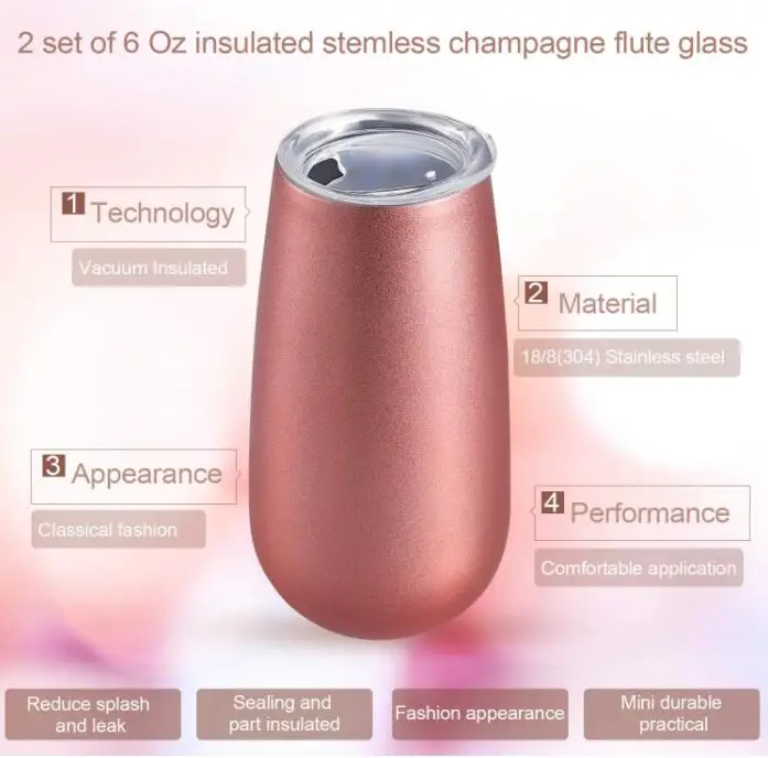 Stainless Steel Double-insulated Stemless Champagne Flutes tumbler 6 OZ LOVE Patterns Reusable Cocktail CupsToasting Glasses
