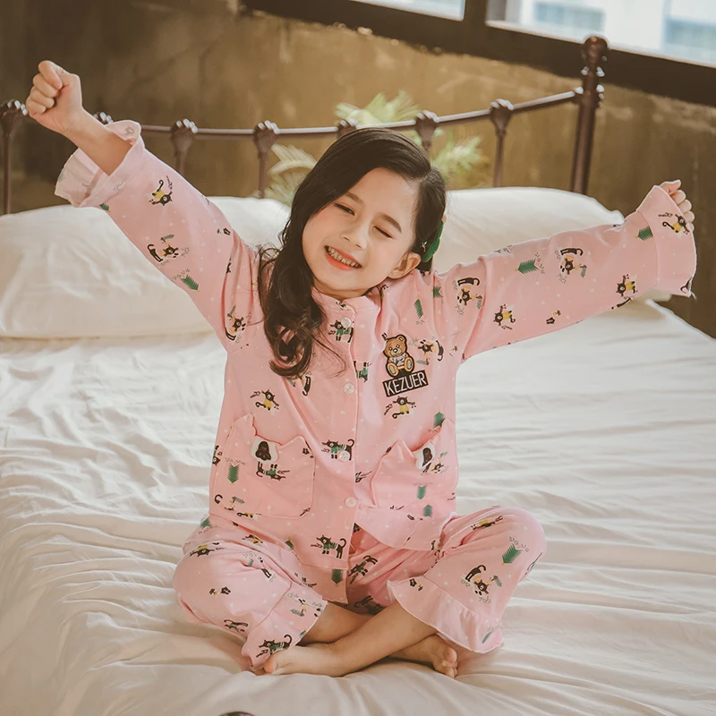
Kids little girls sleepwear 2 piece set 100%cotton long sleeve cute pattern printed pajamas set 