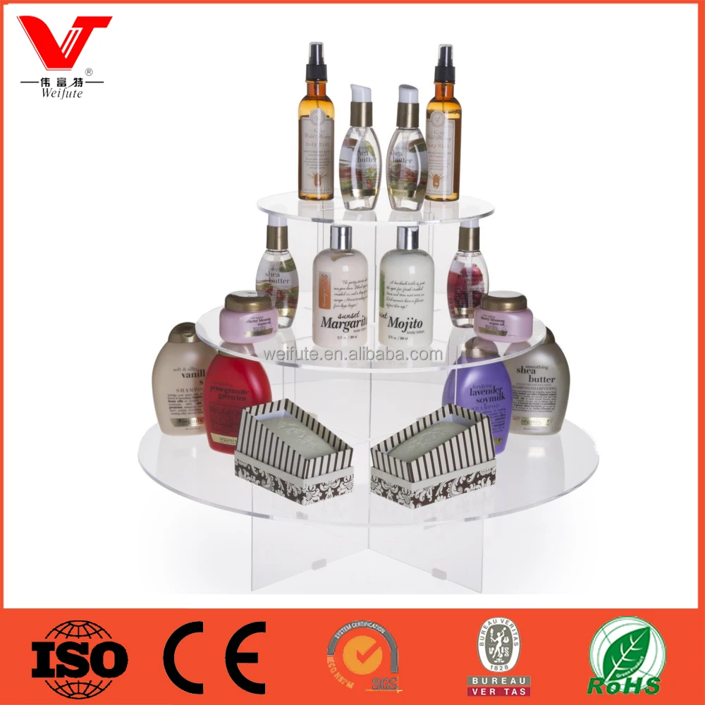 
3 Tier Round Riser acrylic cosmetic display stand with shelves 