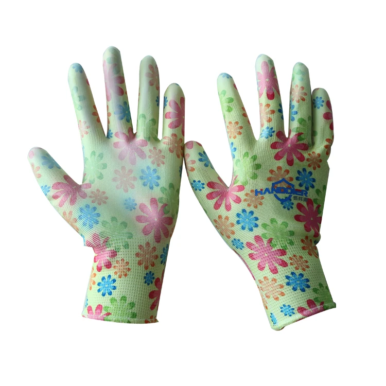 Цветные недорогие садовые перчатки с цветочным узором и нитриловым покрытием