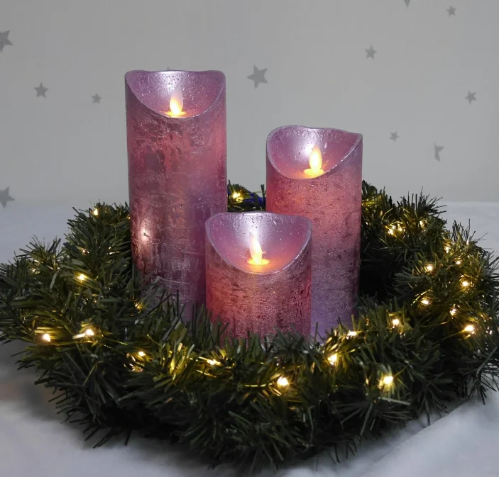 Moving wick flameless LED candle Purple drawing paraffin wax weddings candles