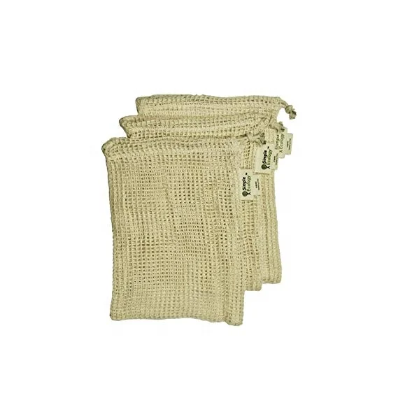 Reusable Produce Organic Cotton-Mesh Zero Waste Biodegradable Grocery Bag Superior Quality Double Stitched with Drawstrings