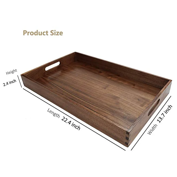 Large dark walnut wooden ottoman serving tray with handle