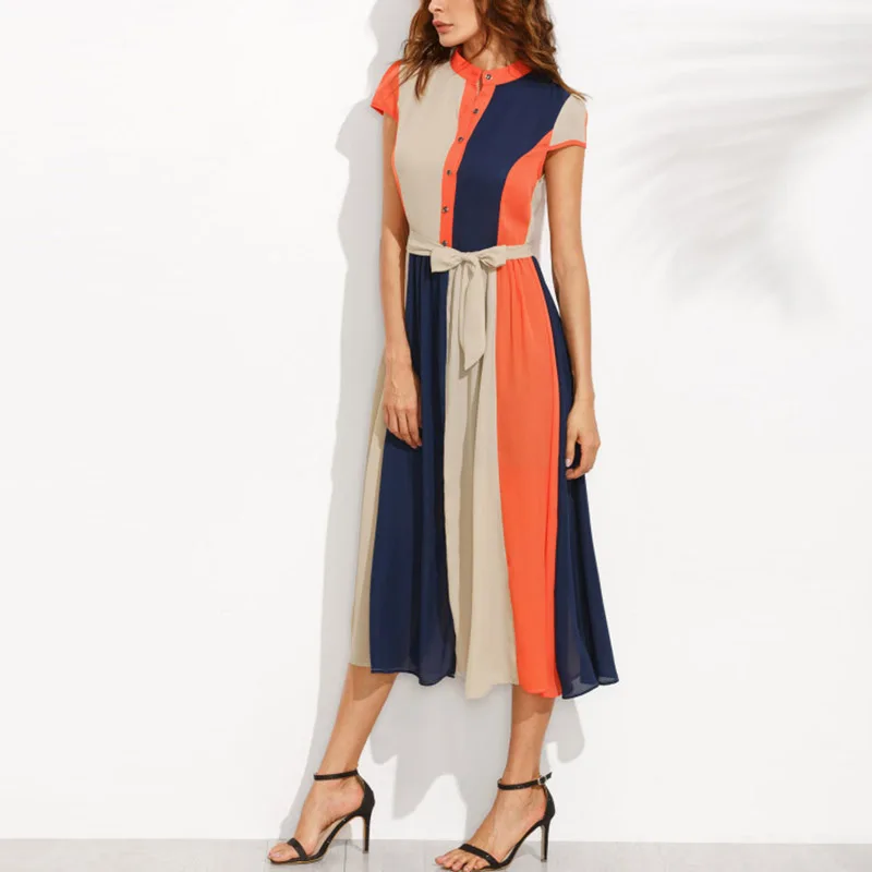 Wholesale Ladies Summer Long Dress Casual Front Buttons Tie Waist Contrast Shirt Dress French Elegant Midi Dresses For Women