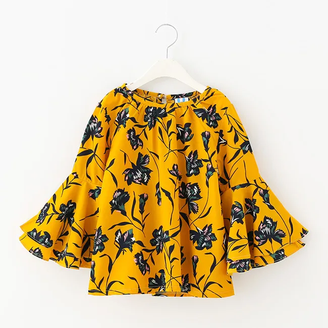 Kids & Teenager Girls Clothes Flower Print Big Flare Long Sleeve Spring Chiffon Blouse Children Fashion Tops