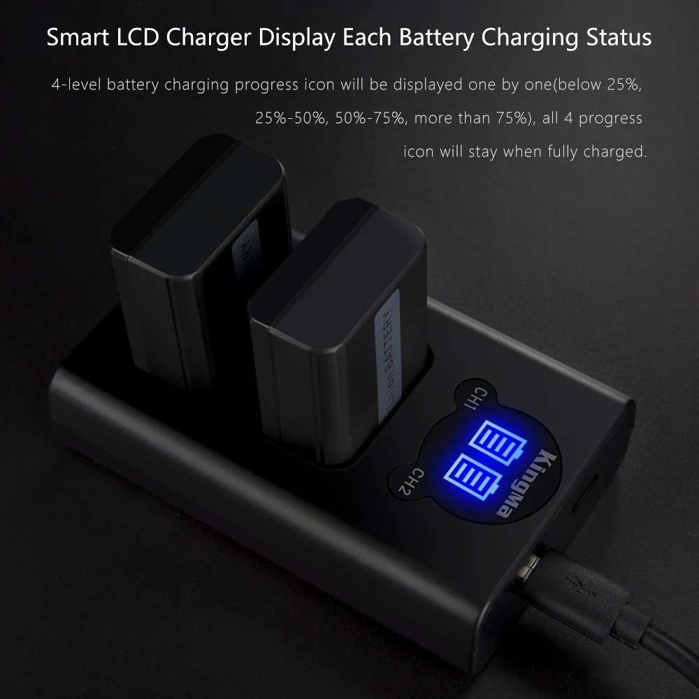 
KingMa Smart LCD Dual Battery Charger and NP-FW50 Battery (2-Pack) Kit for Sony A6300 A6500 NEX-3 NEX-5 NEX-6 NEX-7 Cameras 