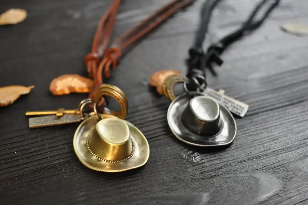 Fashion Hot Sale Cowboy Hat Retro Leather Rope Long Necklace Pendant Woman Man  Necklace