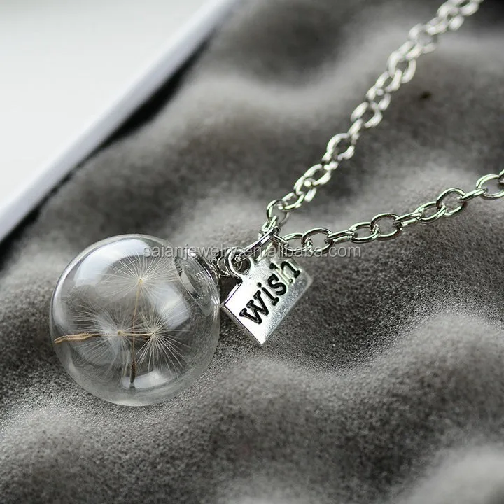 Natural dandelion seed glass bottle necklace long necklace Make A Wish Glass Bead Pendant