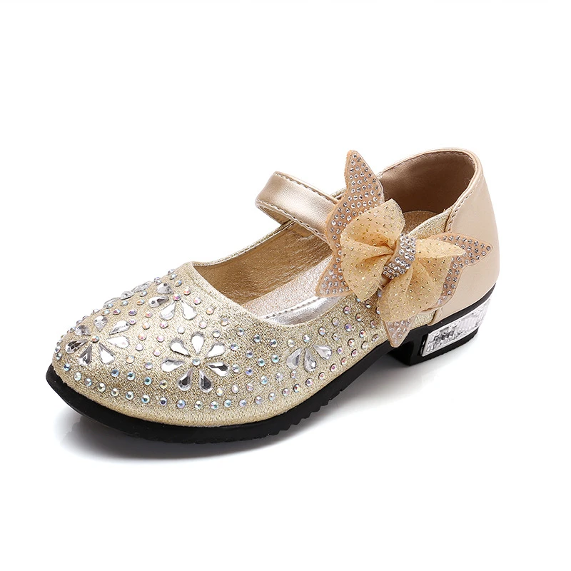 Autumn New Crystal Shiny Bowknot Children Princess Kids High Heel Shoes