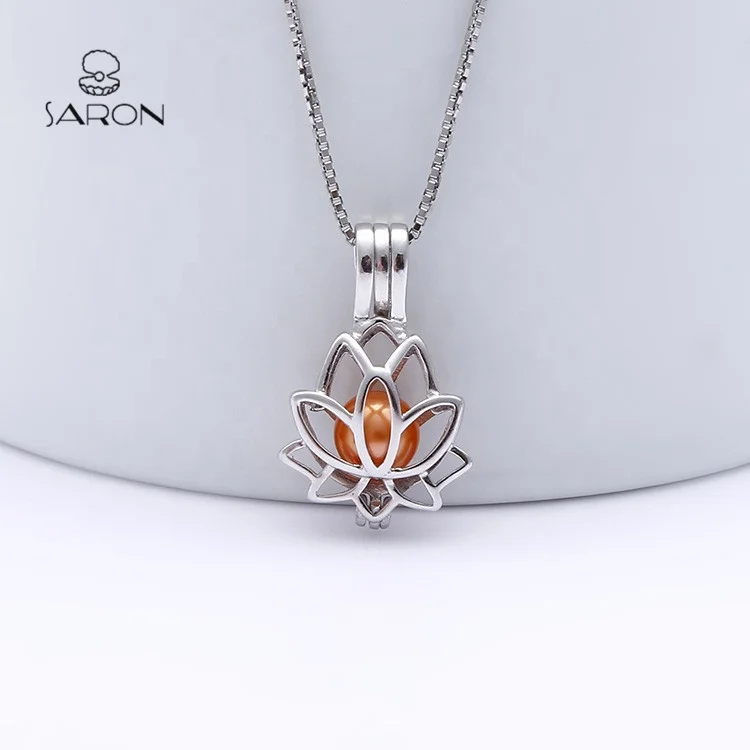 
Sharon Fashion Jewelry locket Sterling Silver Lotus Flower Blossom Bead Pearl Cage Pendant 