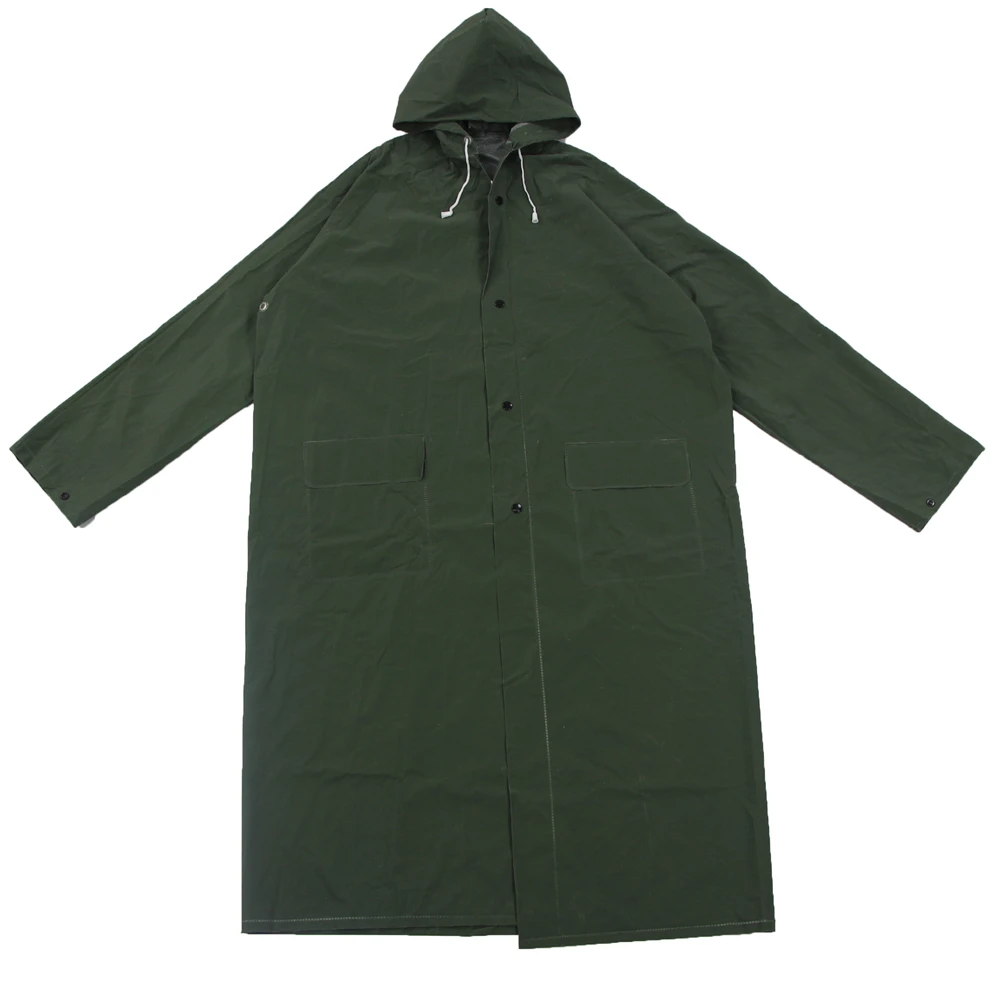 Polyester Fabric PVC Rubber 0.28mm Yellow Army Green Heavy Duty Long Adults Mens Raincoat with Hood zipper custom logo HCY611