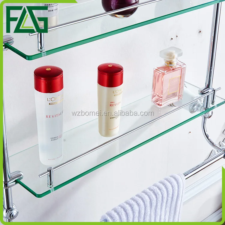 FLG chrome bathroom shower wall mounted towel rack glass shelf