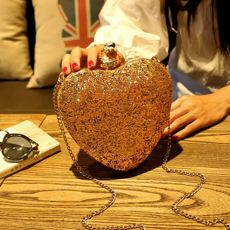 New Heart Shape Bridal Wedding Women Handbag Shiny Flash Sequins Rhinestone Chain Bag Shoulder Messenger evening bags for ladies