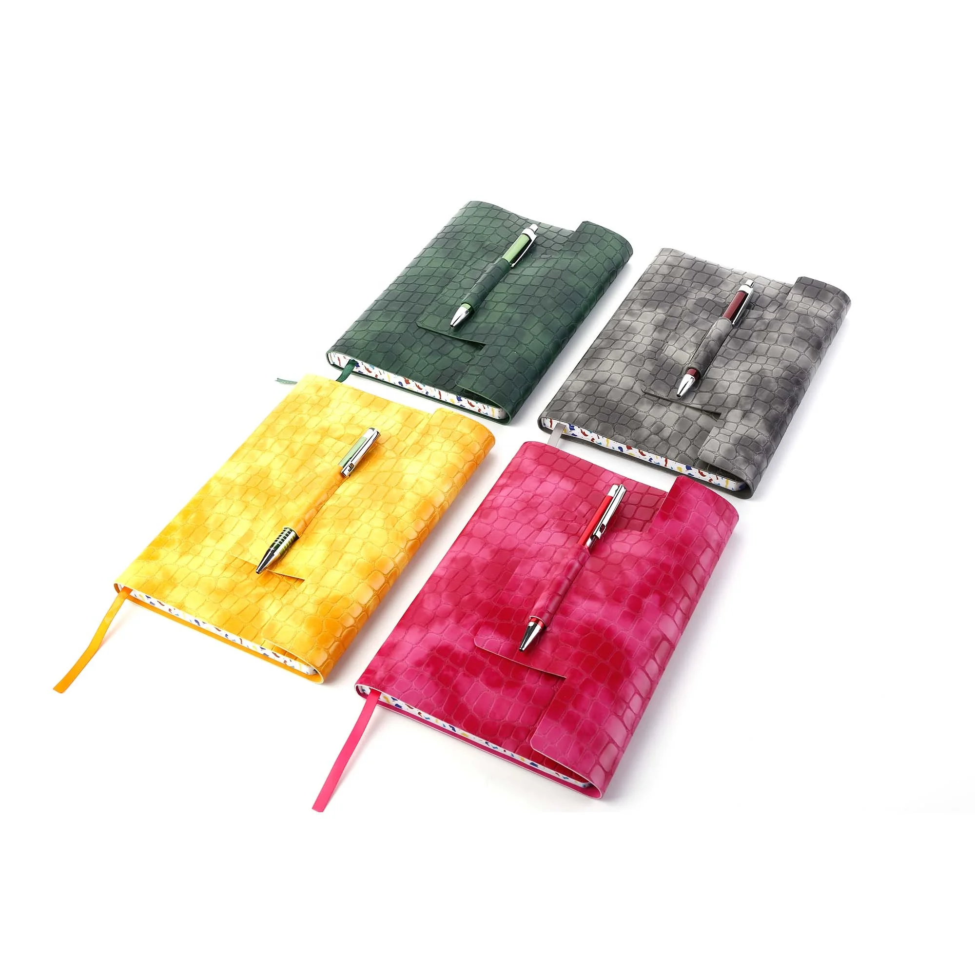 Dark Green snake skin leather tri-fold soft cover diary note book with pen custom