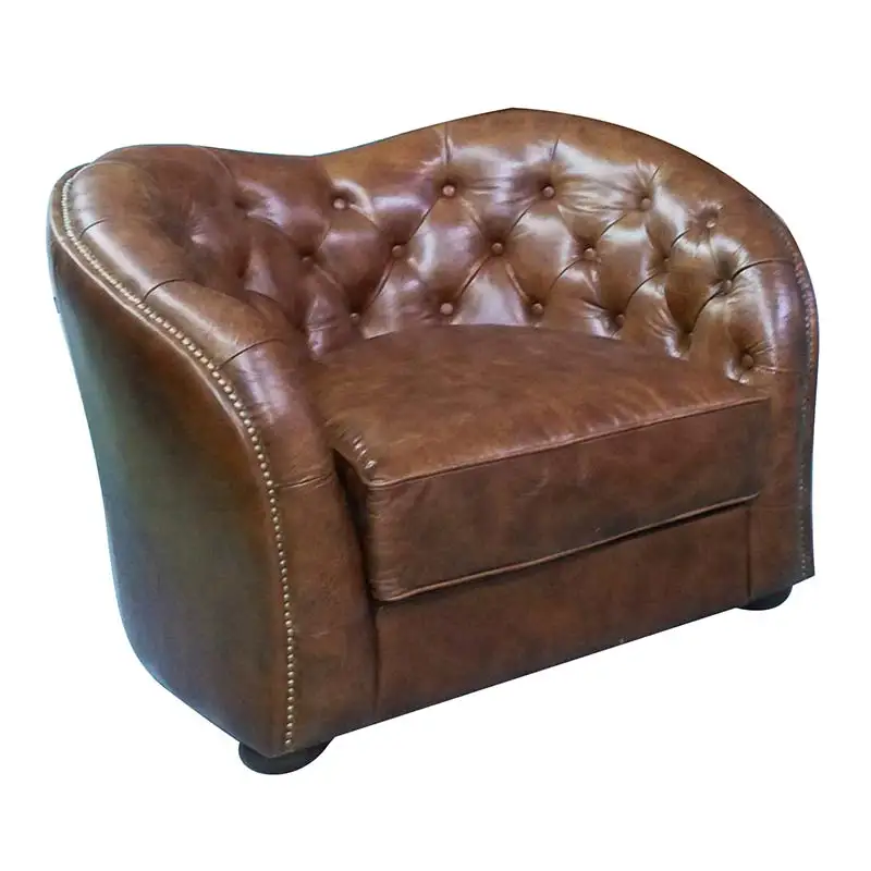 Hotel Chesterfield Tufted Button Back Vintage Brown Genuine Leather 1 Seater Sofa with Copper Nail