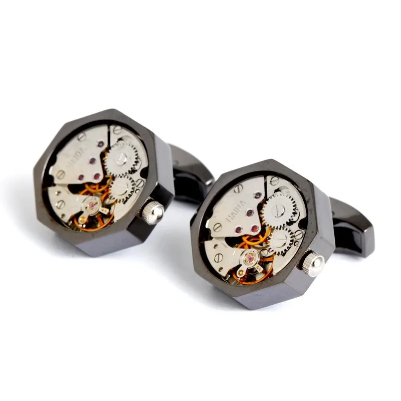 Steampunk mechanical Watch Cufflinks 3D Gunmetal Black Clockwork movements Cuff Links Man Jewelry Wedding Gift