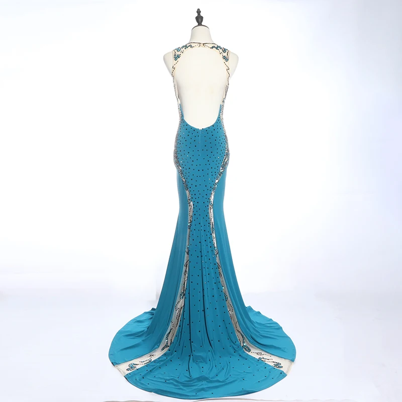 Elegant beaded blue ceremony apparel open back long mermaid evening dress