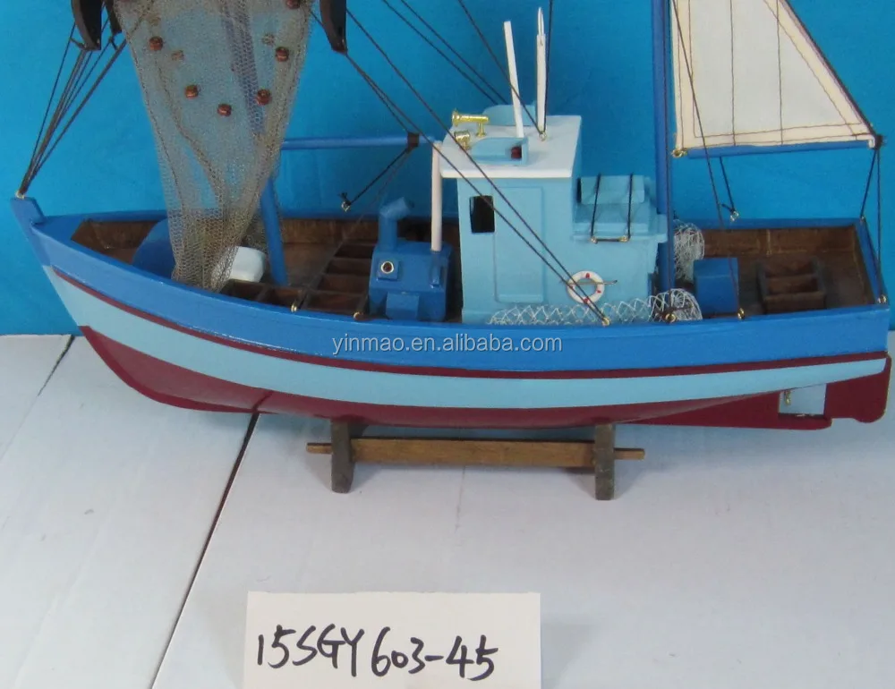 Wooden Crab Boat Model with 2 Fishing nets, Blue 45x14x37cm, Fishing Shrimp ship model with a sail, yacht vessel replic model
