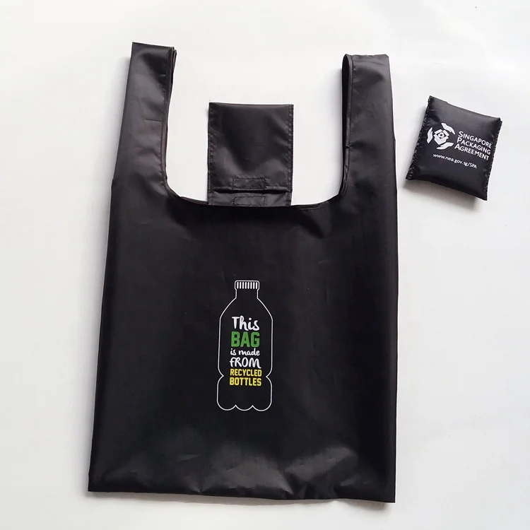 Eco Friendly Black Color Custom Logo Printed Reusable Foldable Tote RPET Nylon Polyester Bag For Promotion