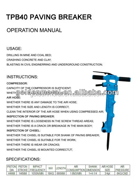 TPB40 Concrete jack hammer pneumatic hand held jack hammer pneumatic concrete chisel hammer
