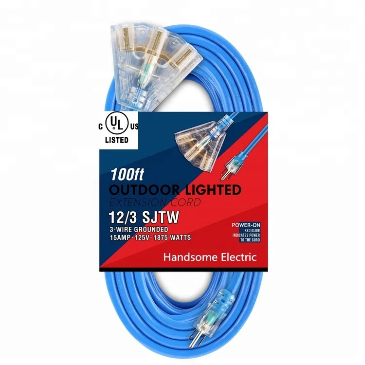 OSHA NRTL Compliant Cold Weather Extension Cord w/Lighted End & 3 Outlets
