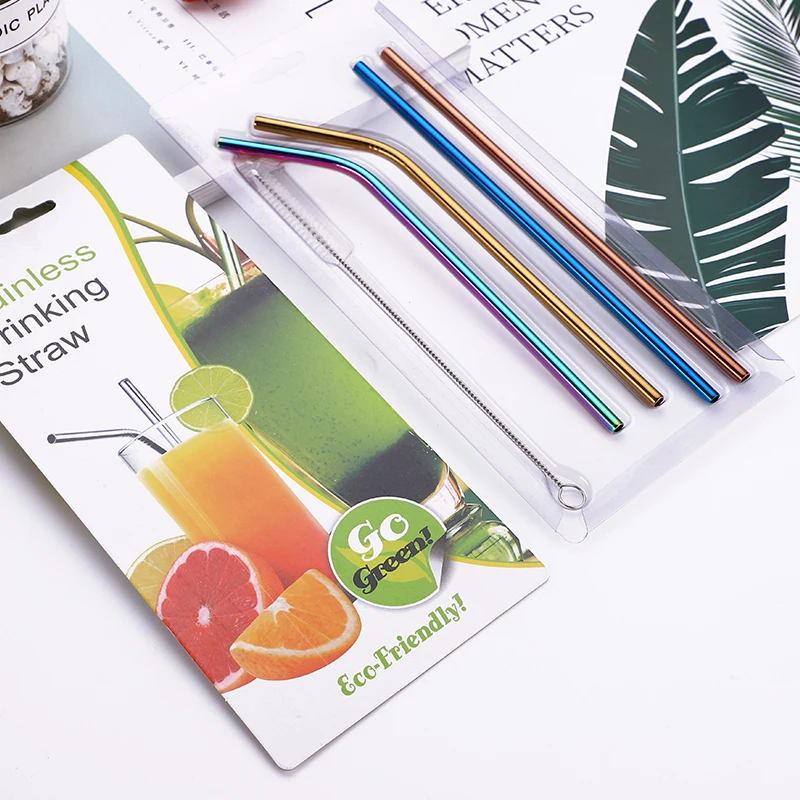 Eco-friendly reusable metal drinking straw stainless steel straw set with brush in blister card packing/215*6mm(20oz)