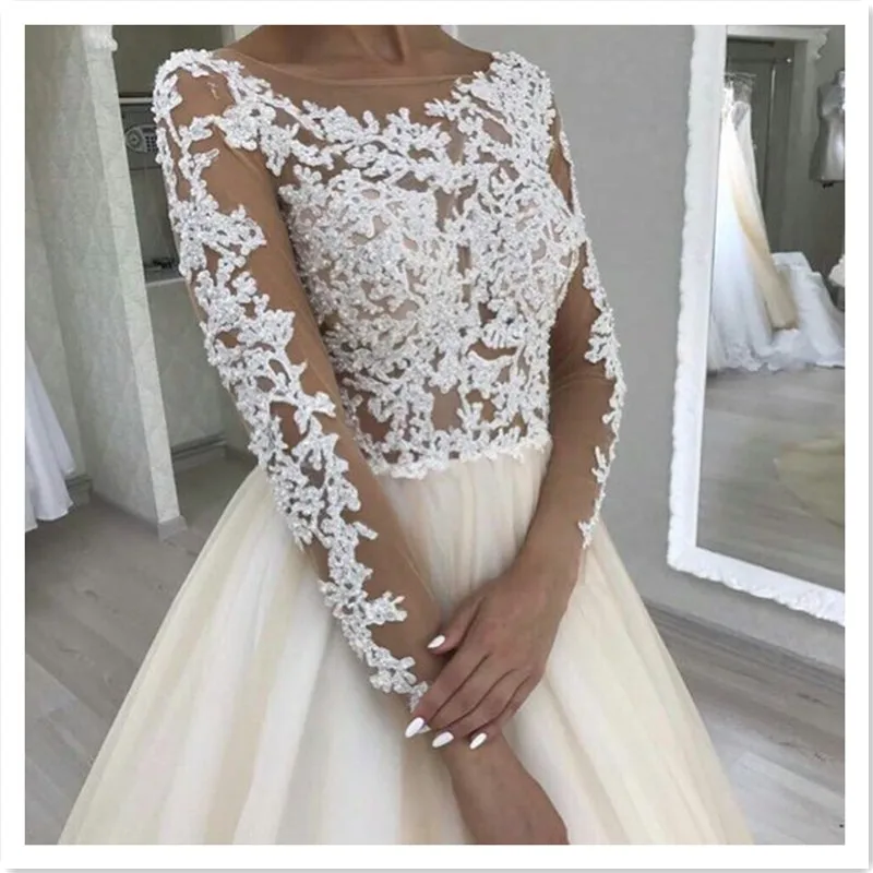 2019 new design illusion top lace long sleeves tulle skirt bridal dress factory button back o neck ball gown wedding dresses