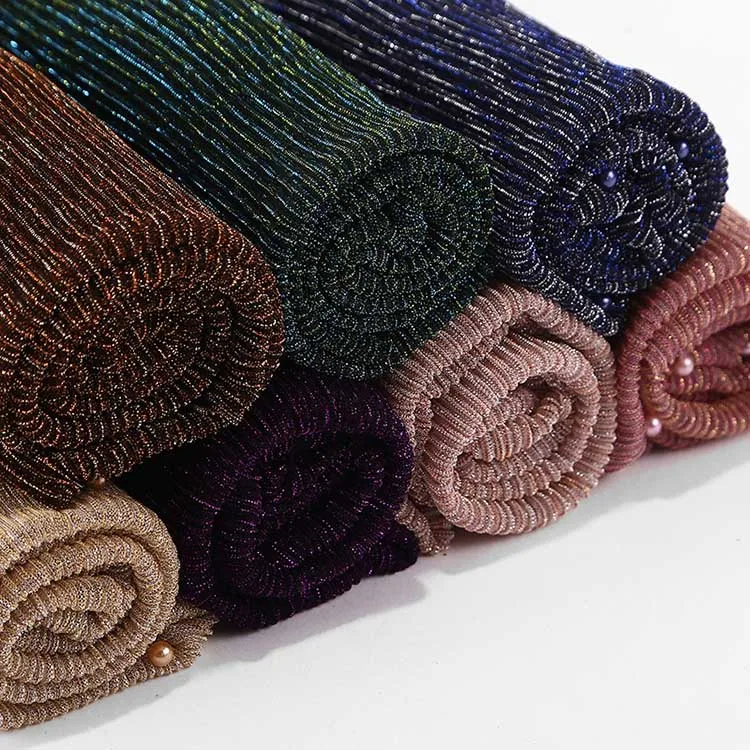 Latest Design High Quality Women Solid Scarf Fashion Glitter Shimmer Shawl with Pearls