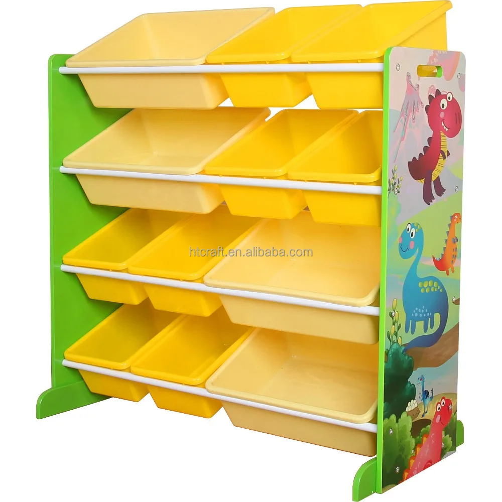 New arrival free standing toy storage rack with 12 plastic bins for wholesale functional kid toy shelf storage
