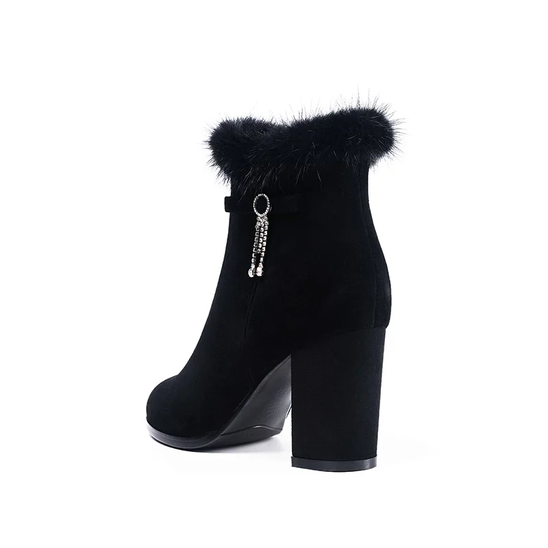 New Arrivals 2021 H390 Solid Leather Winter High Heel Plush Collar Kid Suede Boots Zip Ankle Women Boots