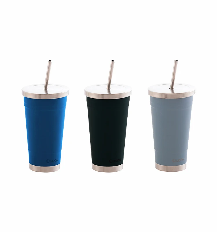 Custom double wall insulated stainless steel straw cup vacuum tumbler mug drinking cup with metal straw