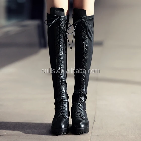 2015 Top quality military style sexy genuine leather women gladiator lace-up long tight over the knee boots CP6705