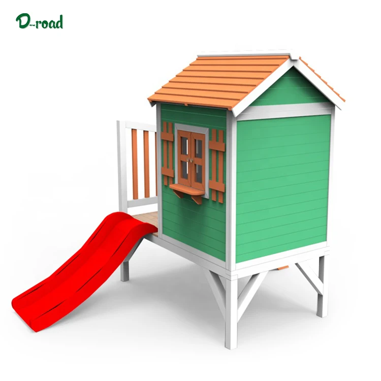 Детский уличный деревянный игровой домик с горкой