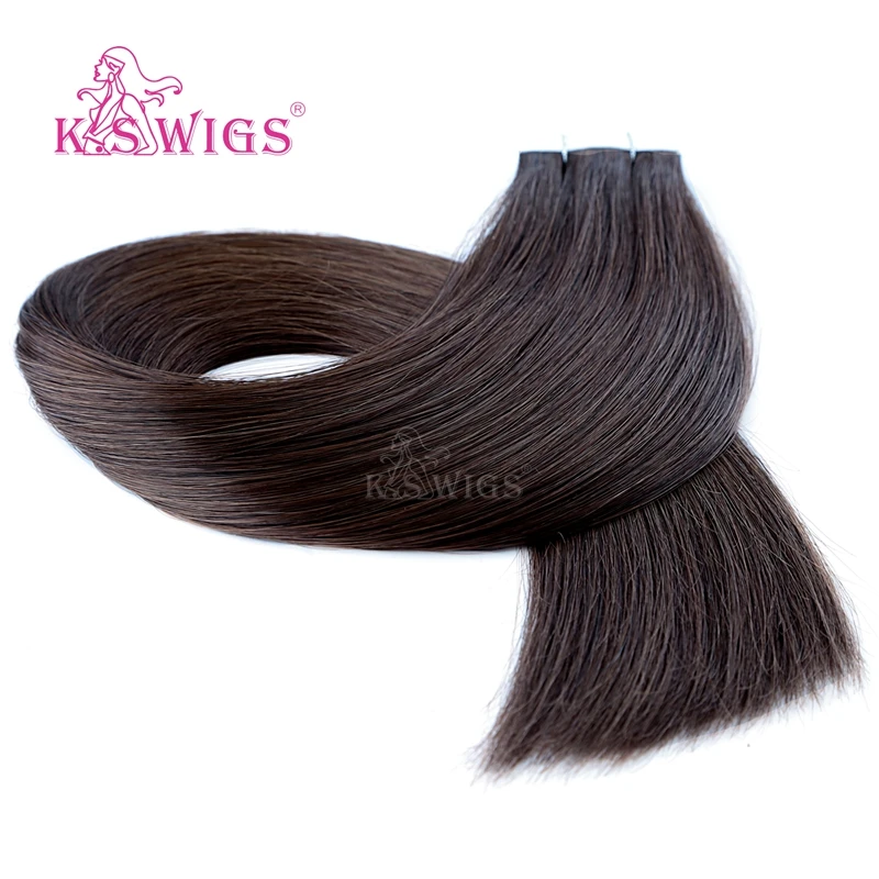 
K.S WIGS Tape In Human Hair Extens Dark Brown 24 Inch German Brown Hair Tape Double Drawn Russian Hair Tape Extens 