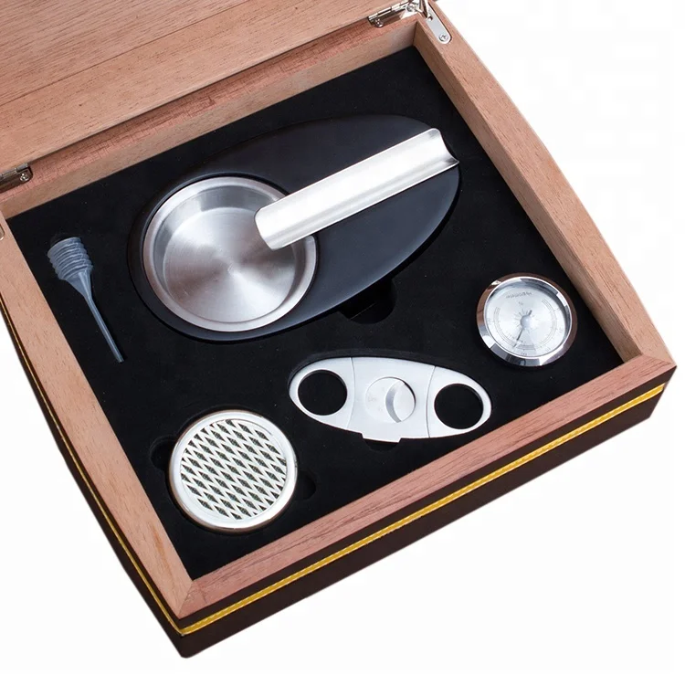 Small Order Accepted Brand High Lacquered Cigar Ashtray Cutter Humidor Box Gift Set Custom Logo Trade Assurance American Style