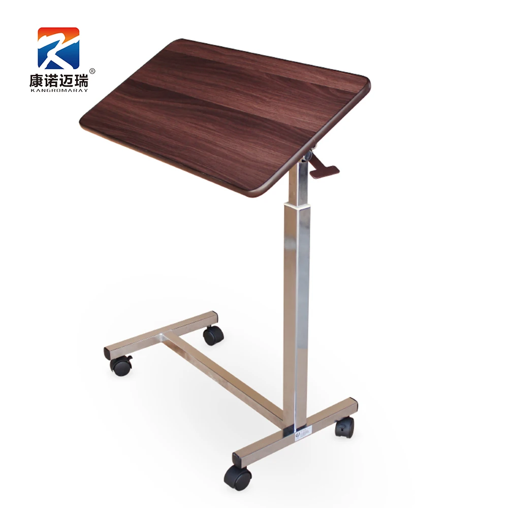 P10 Wooden Movable Hospital Overbed Dining Table With Hight Adjustable