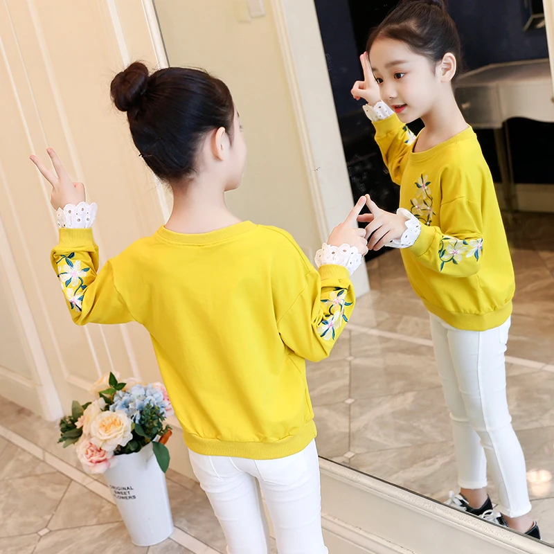 
Children clothing cotton fabric embroidered pearl lace ruffles pullover hoodie 