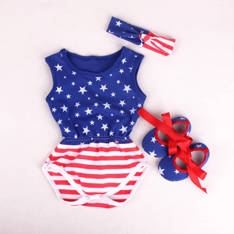 
baby bodysuit kid clothes Stars and Stripe Patriotic Romper & HEADBAND & WALKING SHOES 3PC SET July 4th 
