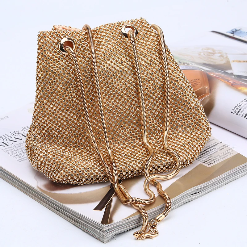 Factory direct wholesale classic luxury crystal clutch bag bucket shape evening bag snake chain for party prom banquet wedding