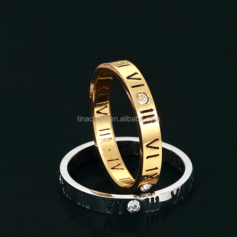 Engraved Roman Number Stainless Steel Gold and Silver 316L Rings With 4 Diamond