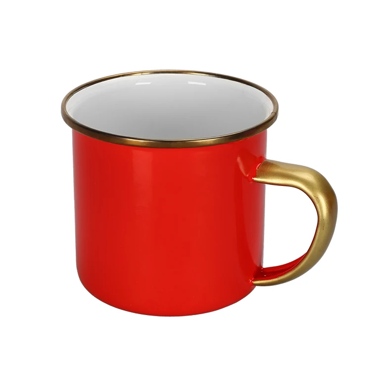 Promotional Black Speckle Camping Enamel Mug with gold and silver rim