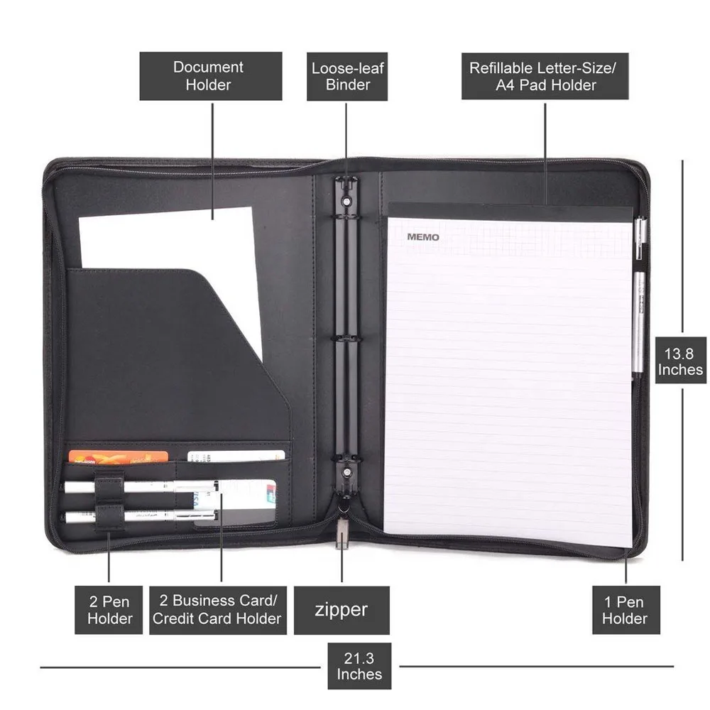 Multifunction Folder For Business Men and Women Zippered PU Leather Portfolio With 3 Rings Loose-leaf Folder Binder Padfolio