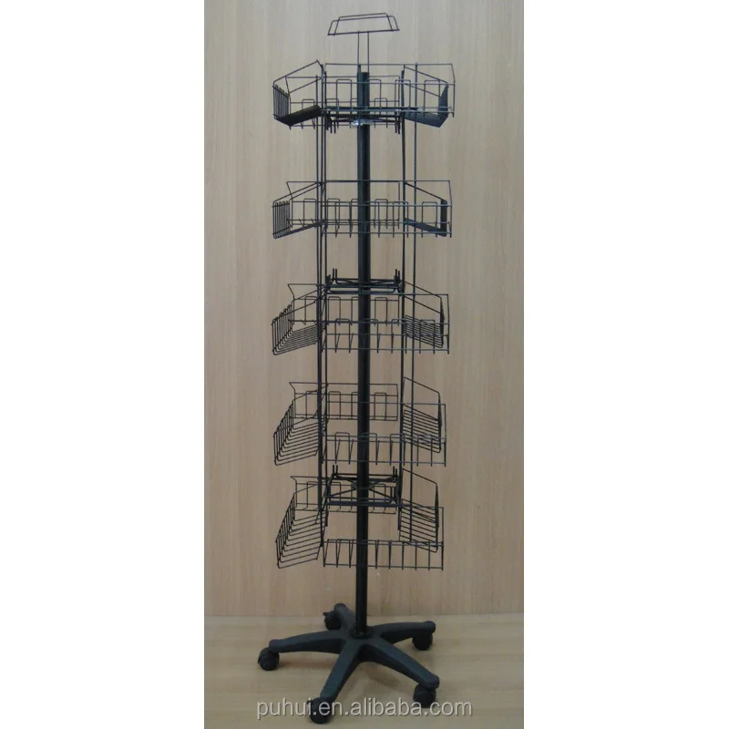 Products Exposition Retail Shop 4 Sides Metal Floor Revolving Display Fixture with Hooks Hanger