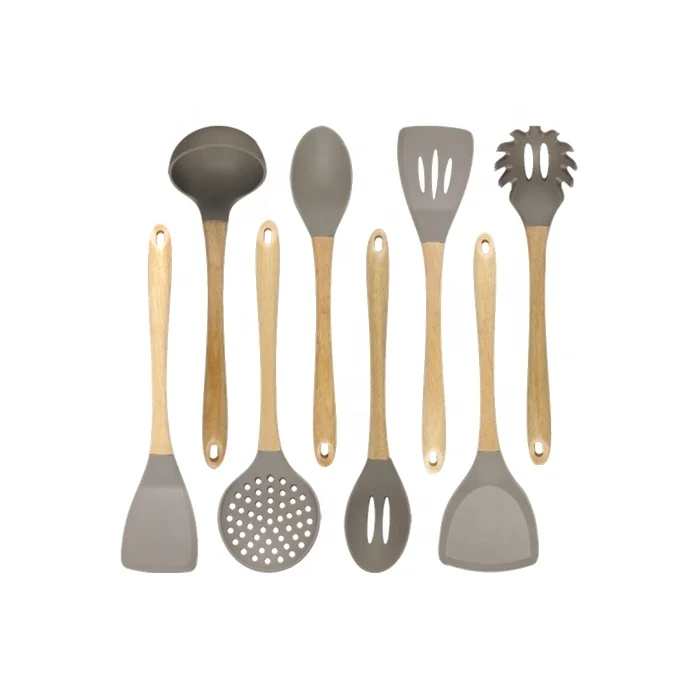 Hot Selling Non-stick Heat-resistant Wholesale 8 piece Silicone Kitchen Cooking Utensil Set with Wood Handle