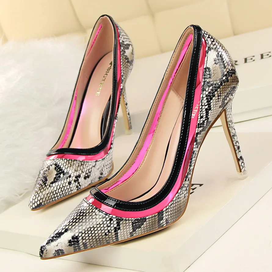Fashion Snake Pu Leather Classics Stiletto High Heels Mature Sexy Ladies Footwear