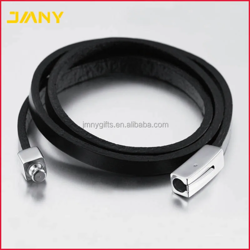 Пользовательский мужской черный браслет из нержавеющей стали и кожи