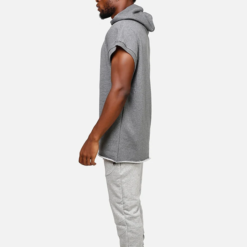 Hot selling grey custom men sleeveless oversized boyfriend muscle hoodies tops blank pullover hoodie