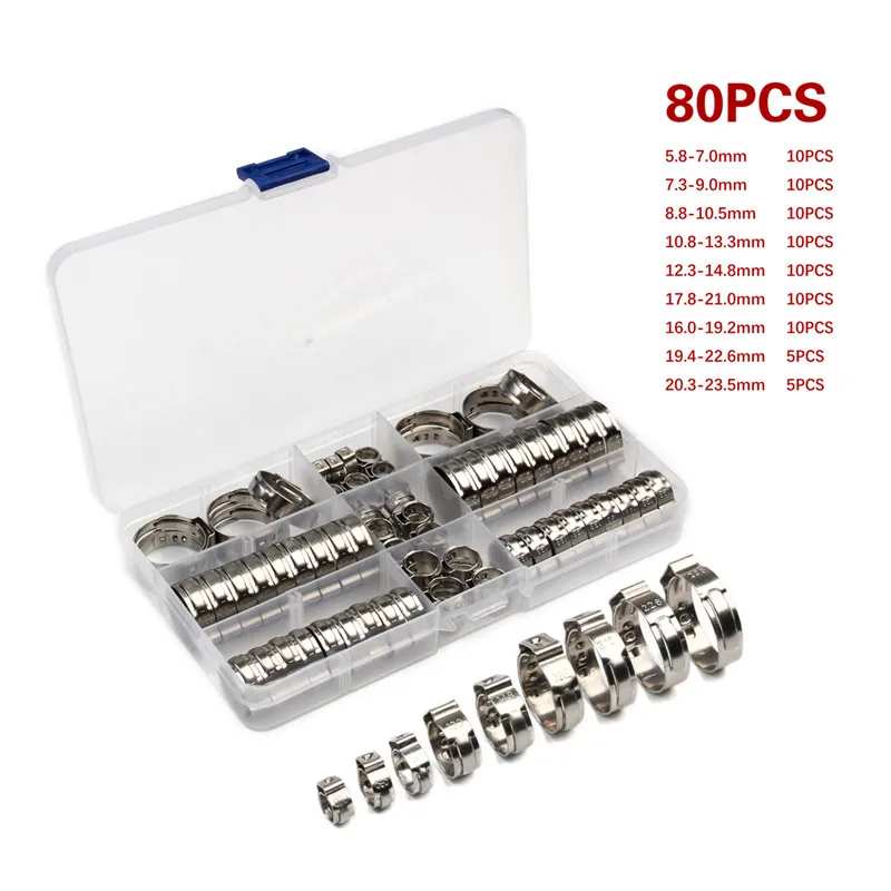 Urlwall 80PCS 304 stainless steel single ear hose clamp assortment kit 5.8-23.5mm hose clamp set