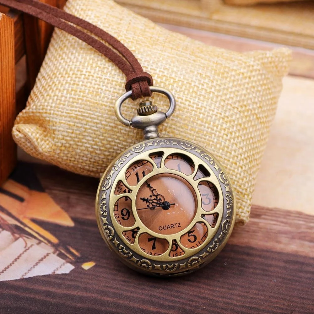 Retro Alloy Bronze Sunflower Pattern Pendant Watch Vintage Leather Rope mechanical Pocket Watches for women men